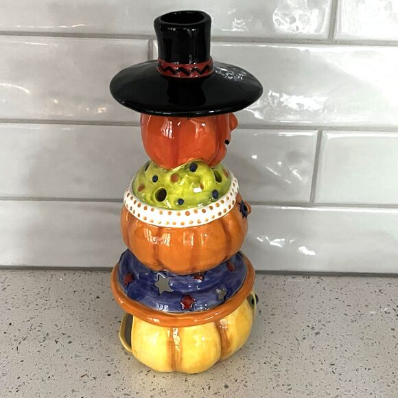 Halloween Porcelain Stacked Pumpkins Jack O Lanterns Tea Light Candle 11" x 5.5" - Picture 4 of 8